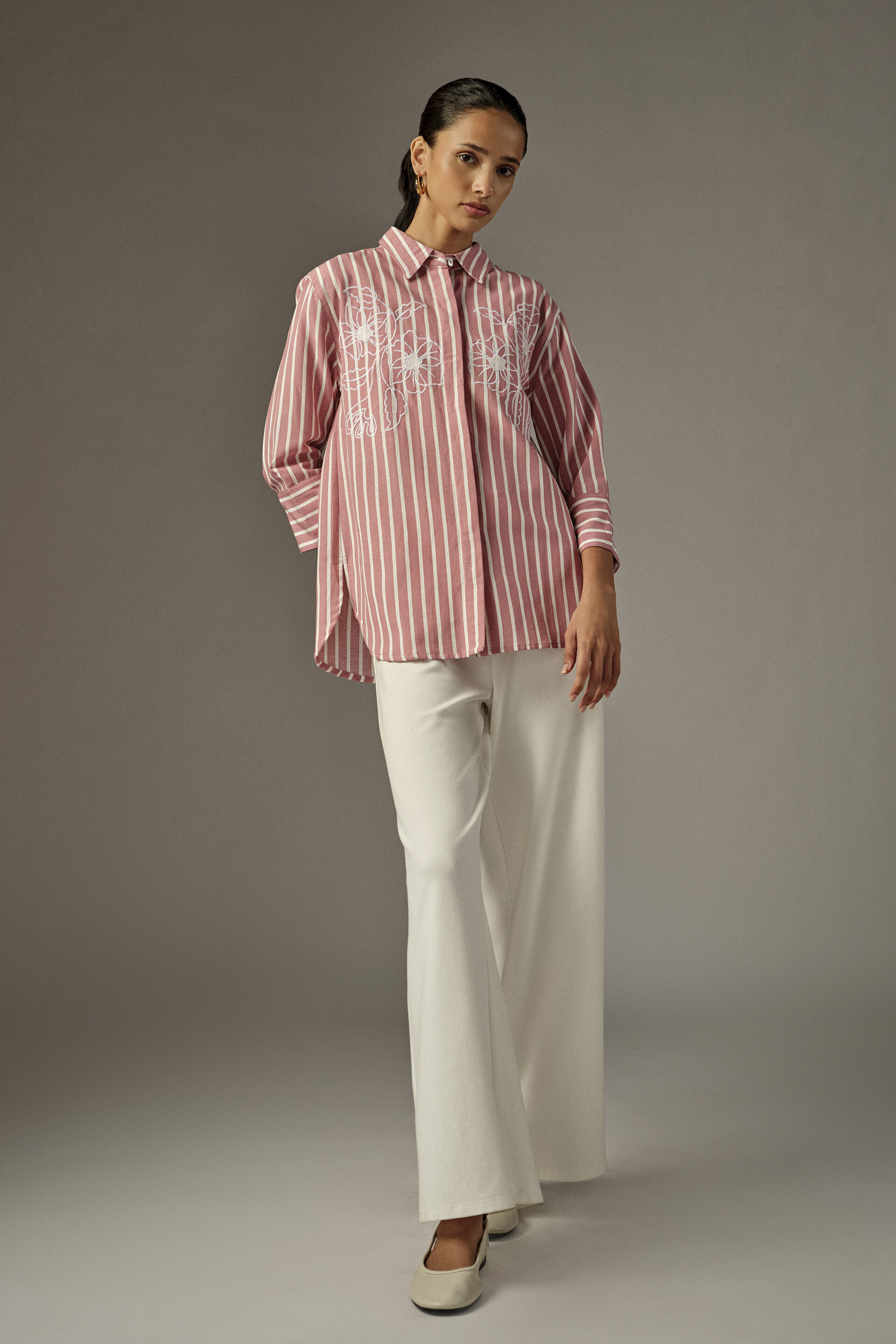 Striped & Embroidered Shirt in Pink, Pink, image 3